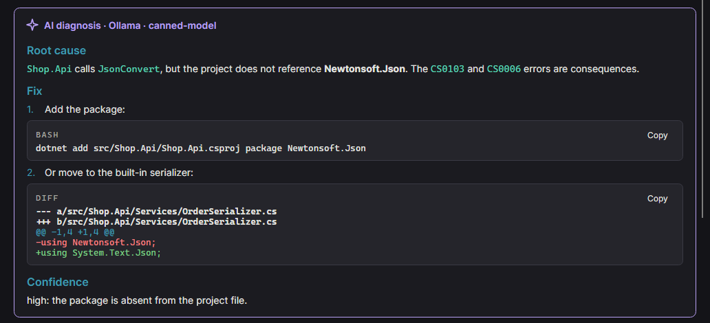The dotnet-diag AI diagnosis panel, showing a root cause, the fix, and a highlighted diff.