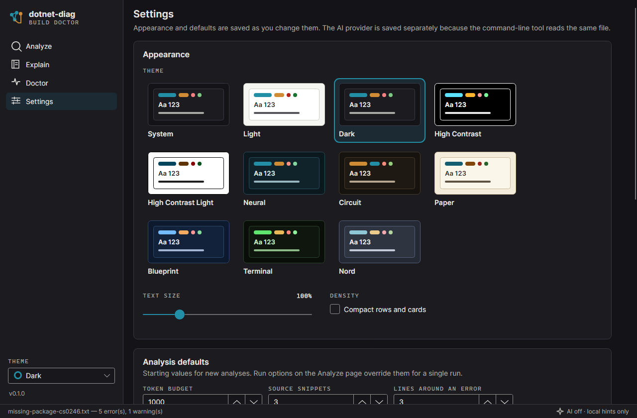 The dotnet-diag desktop app's theme picker in Settings, listing its ten themes.