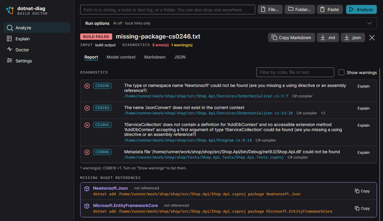 The dotnet-diag desktop app showing a failed build: four compiler errors and the two missing NuGet packages that cause them.